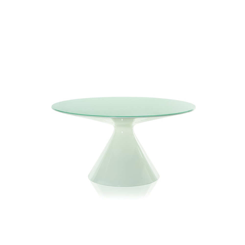 Table ED en polyéthylène avec plateau rond en verre.