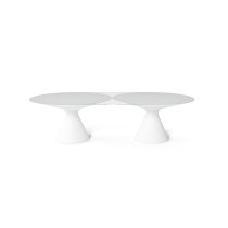 Table design ED II en verre satiné avec double base conique blanche