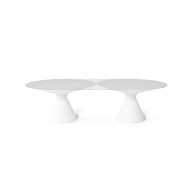 Table design ED II en verre satiné avec double base conique blanche