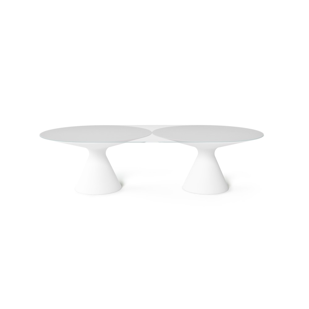 Table design ED II en verre satiné avec double base conique blanche
