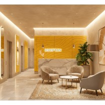 Panneaux acoustiques mural WIND utilisés derrière un comptoir de réception