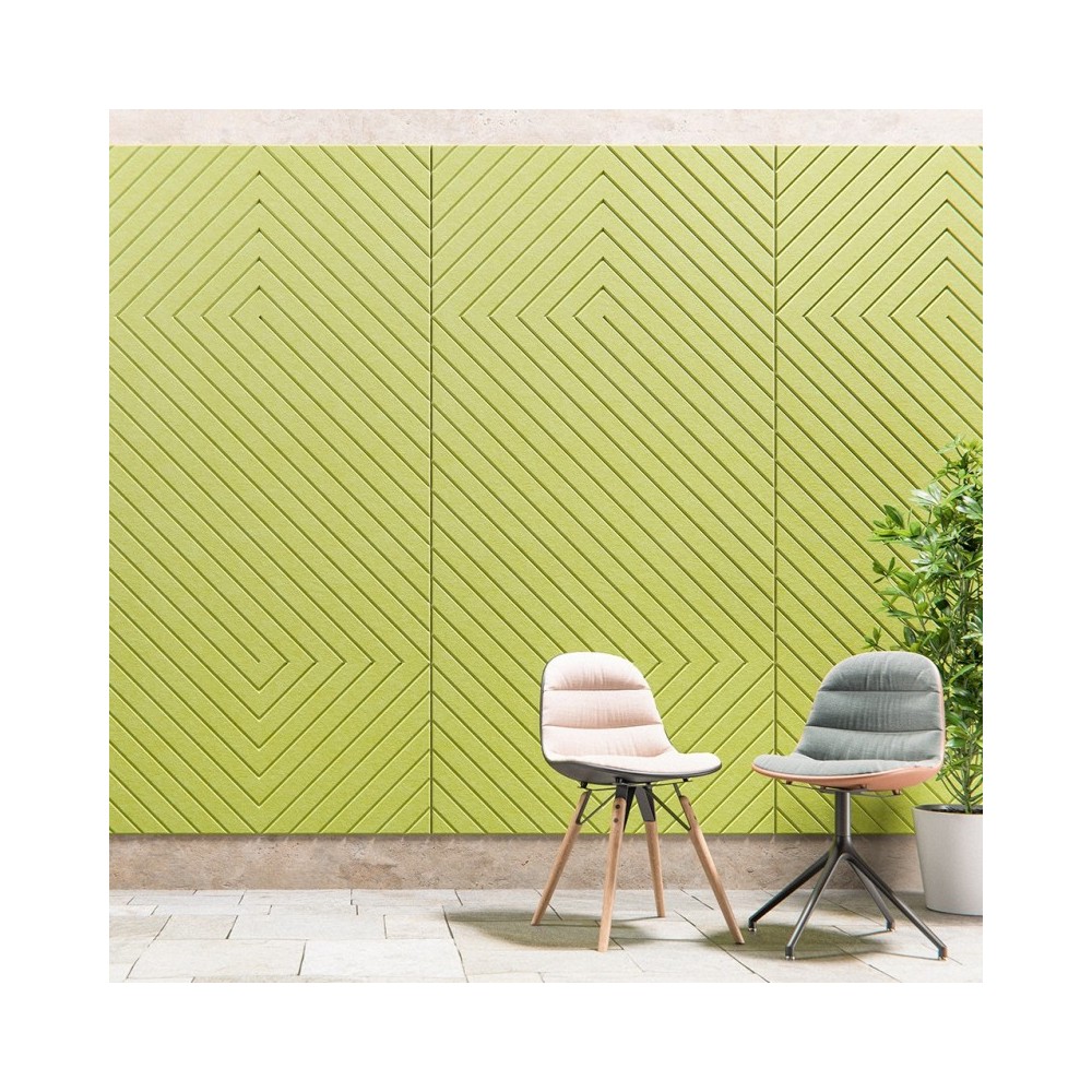 Panneau acoustique mural chevron vert installé dans un espace détente