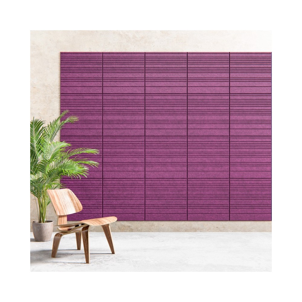 Panneau acoustique mural design Stroke Gridcore violet à lignes horizontales dans un espace contemporain