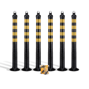 Set poteaux flexibles sécurité avec 6 poteaux noirs et bandes réfléchissantes jaunes