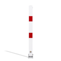 Poteau de parking rabattable blanc avec bandes rouges en position verticale