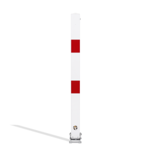 Poteau de parking rabattable blanc avec bandes rouges en position verticale