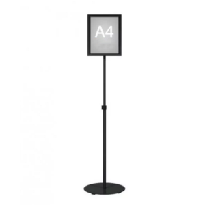 Porte-affiche sur pied noir format A4 vertical avec base ronde