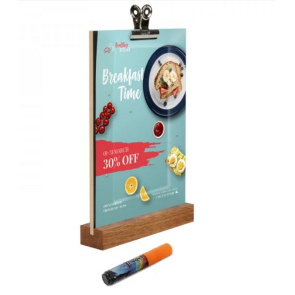 Tableau noir clip intégré avec pince métallique et support bois pour affichage de menu ou promotion