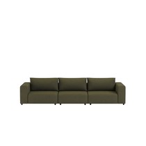 Canapé modulable Teton trois places en tissu vert olive, vue de face avec accoudoirs et coussins de dossier