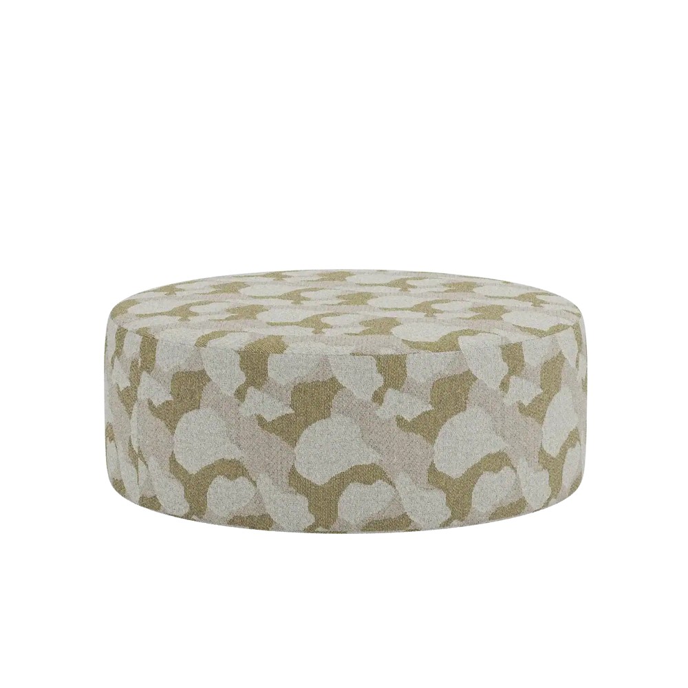 Pouf rond extérieur Peak grand format à motif graphique beige, kaki et blanc cassé, vue de face