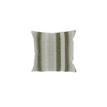 Coussin extérieur carré rayé vert olive et gris clair, vue de face