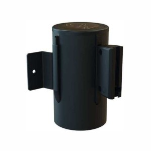 Enrouleur de sangle mural compact en acier inoxydable noir, parfait pour la gestion des espaces.