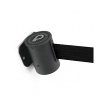 Boîtier mural noir pour sangle rétractable, conçu pour un usage intensif et une signalétique efficace.