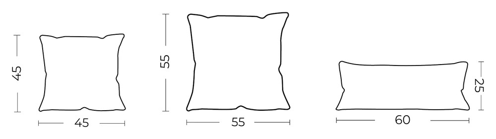 Les trois formats de coussin d'extérieur Innsout : 45 x 45, 55 x 55 et 60 x 25 cm