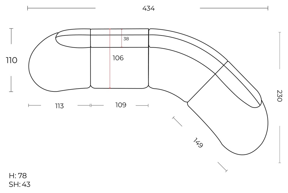Plan coté du canapé arrondi Onyx : 434 x 230 cm, profondeur 110 cm, hauteur 78 cm, assise 43 cm