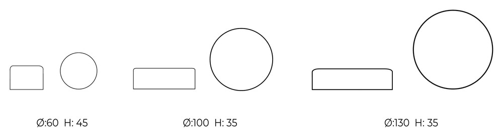 Les trois tailles du pouf Peak : Ø 60 x 45 cm, Ø 100 x 35 cm et Ø 130 x 35 cm