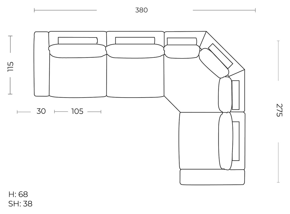Plan coté du canapé d'angle Teton : 380 x 275 cm, modules de 105 cm, hauteur 68 cm
