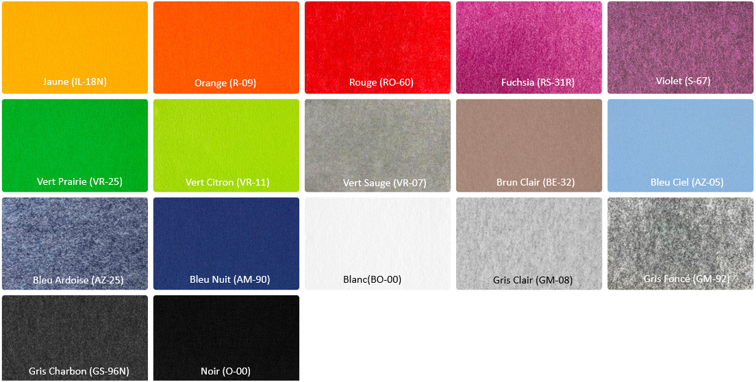 Nuancier des 17 coloris disponibles pour panneau acoustique mural WIND